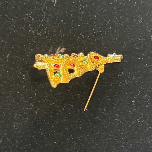 Gold Christmas Tree Brooch with Red and Green Accents - Picture 6 of 6